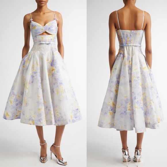 Zimmermann Floral Twist Front Organza Silk Linen Midi Dress Lilac Floral 8 NWT - Picture 3 of 17